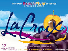 La Croix Beach Plum label detail emphasizes natural flavor without sweeteners or sodium
