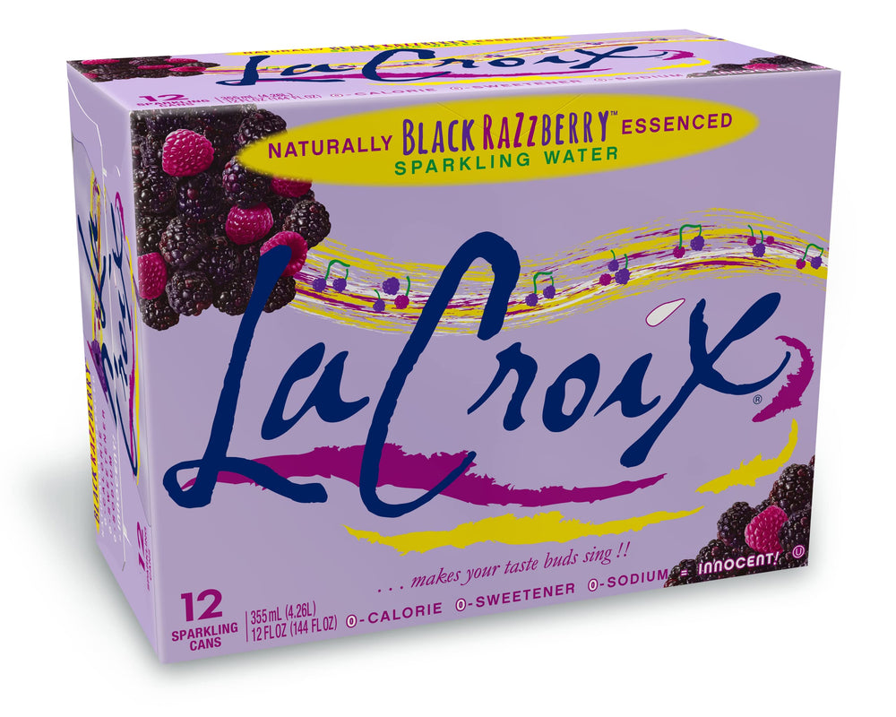 La Croix Black Razzberry can front showcasing branding and zero-calorie refreshment.