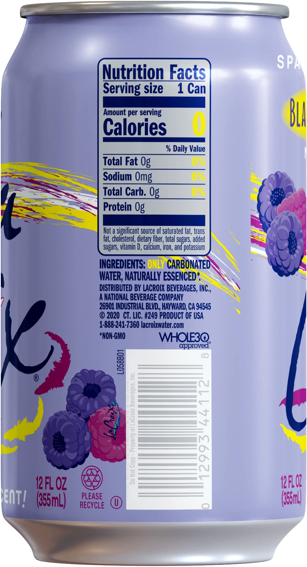 La Croix Black Razzberry label closeup highlighting natural essences and aroma.