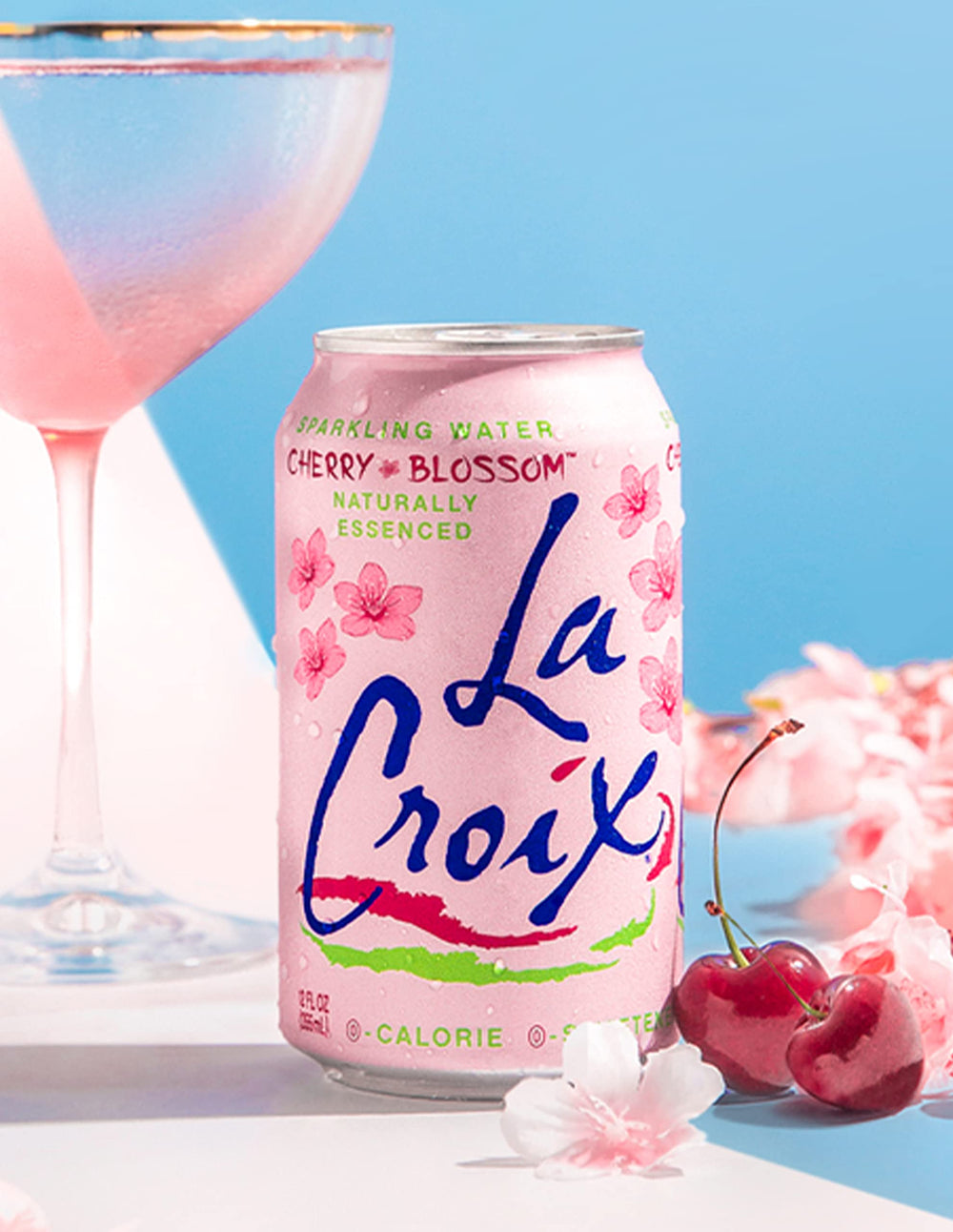La Croix Cherry Blossom label highlights natural essence purity for everyday refreshment.