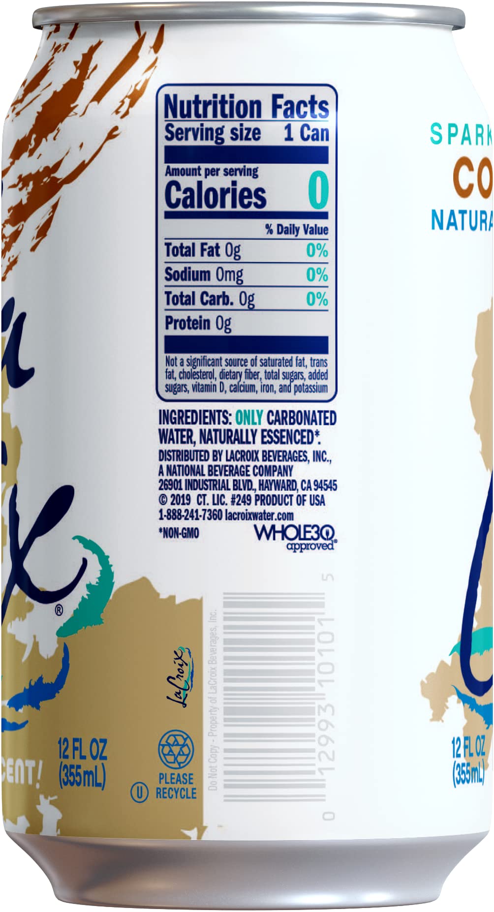 La Croix Coconut glass with ice shows zero calories.