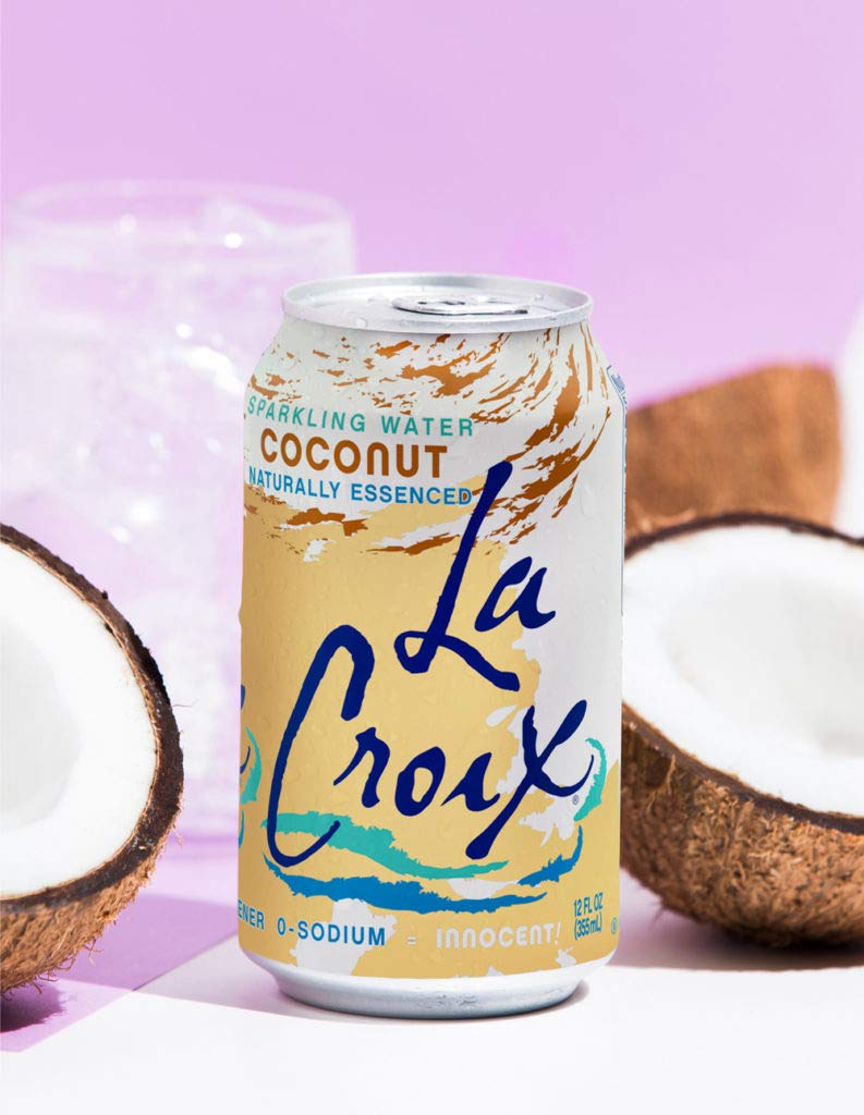 La Croix Coconut 12-pack packaging on store shelf.