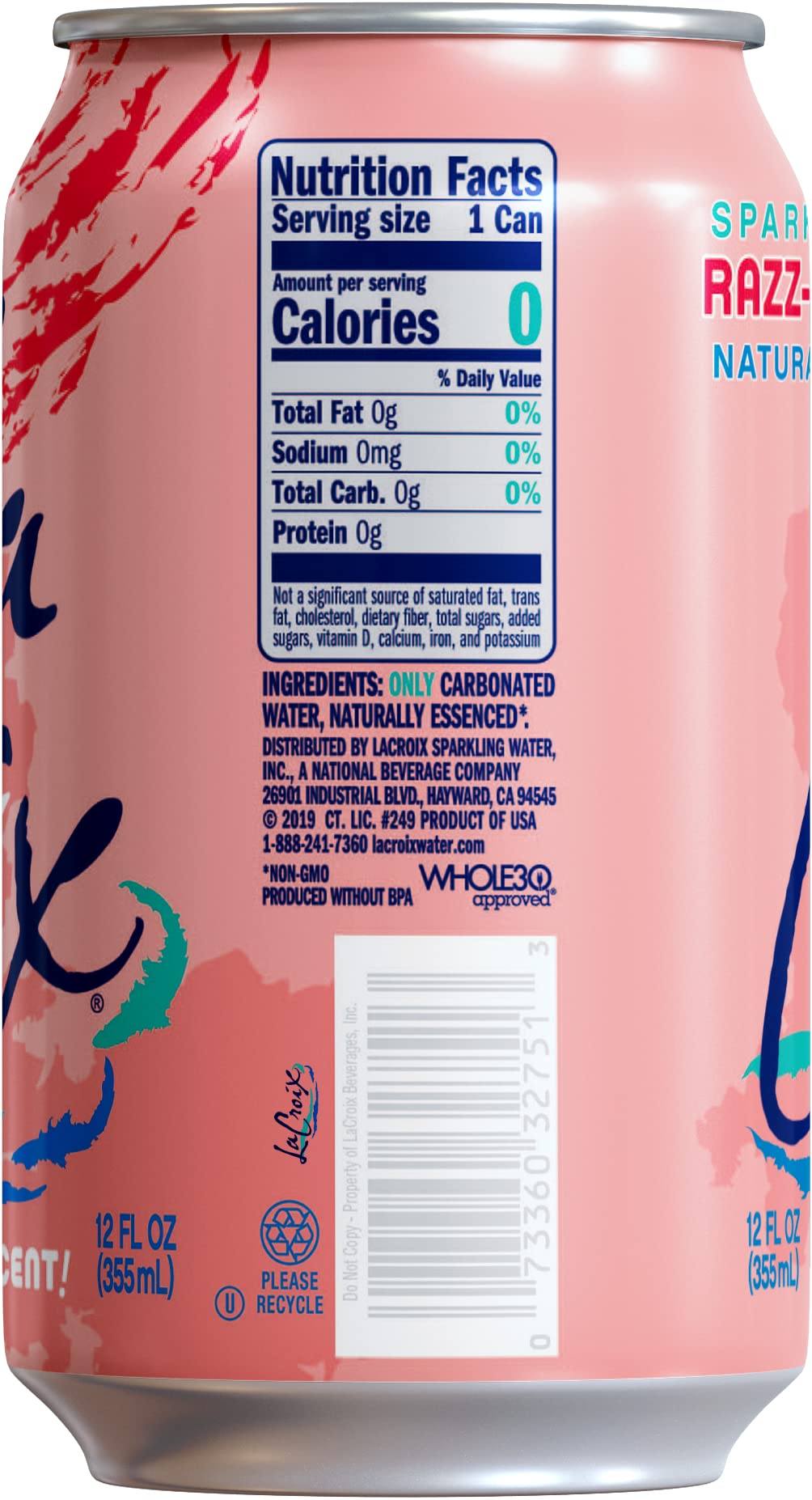 La Croix Cran-Raspberry can tilted; natural essences aroma on display.