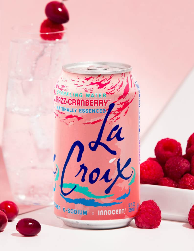 La Croix Cran-Raspberry label detail; non-GMO verified and eco-friendly packaging.