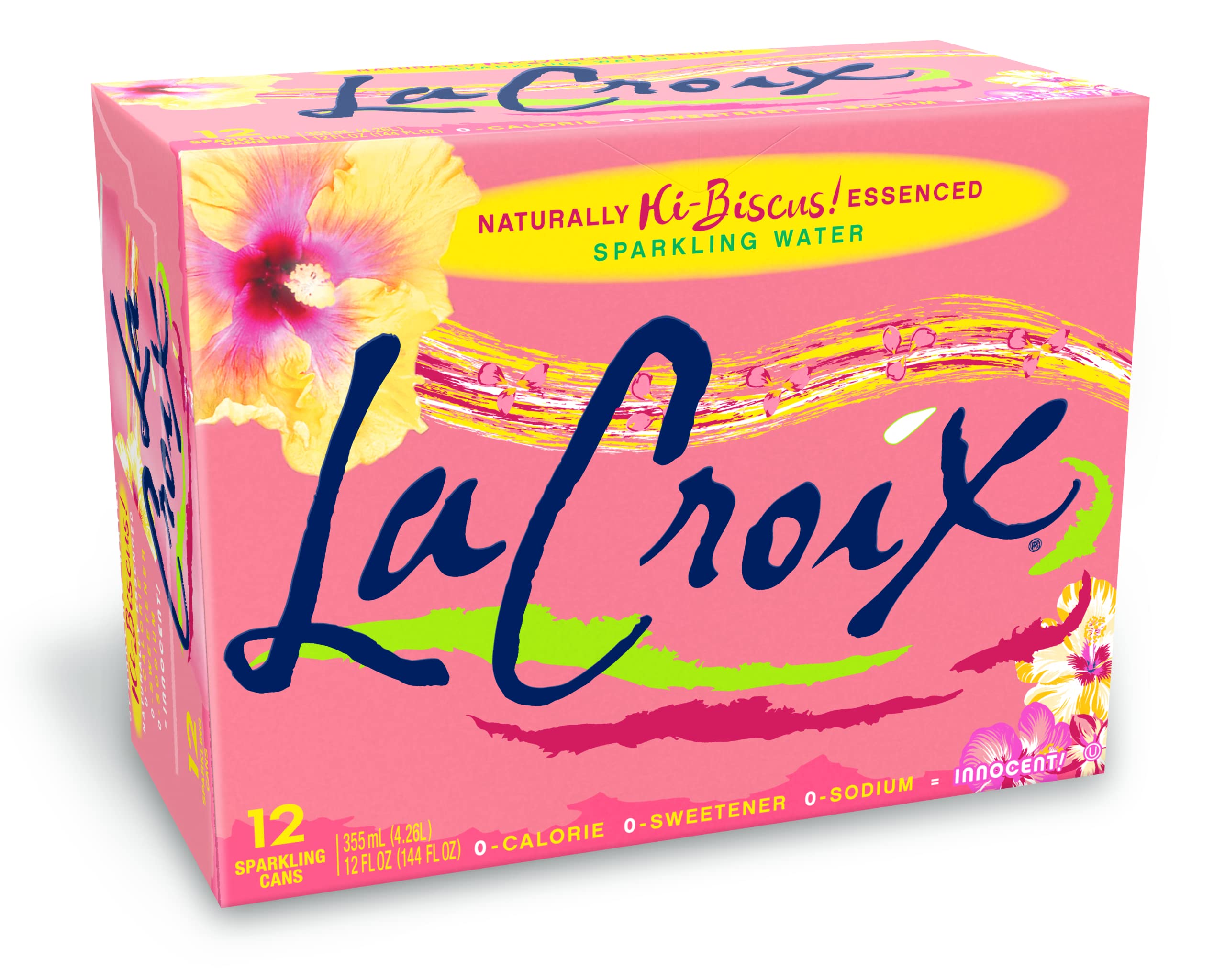 La Croix Hi-Biscus bottle close-up shows natural essences and a refreshing aroma.
