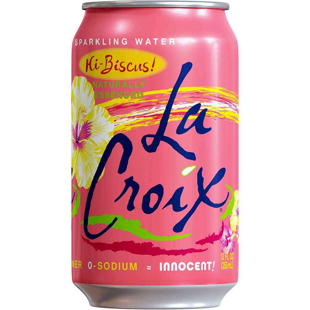 La Croix Hi-Biscus label close-up highlighting natural essences and zero calories.