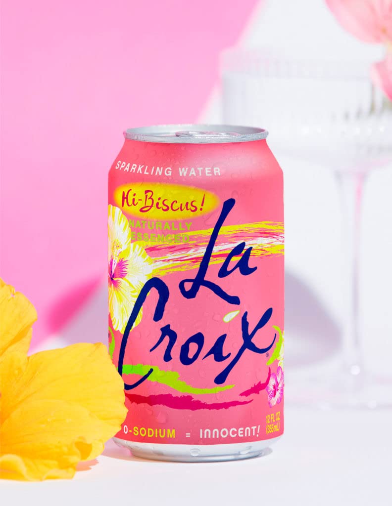 La Croix Hi-Biscus recyclable packaging on a kitchen counter, ready to chill.