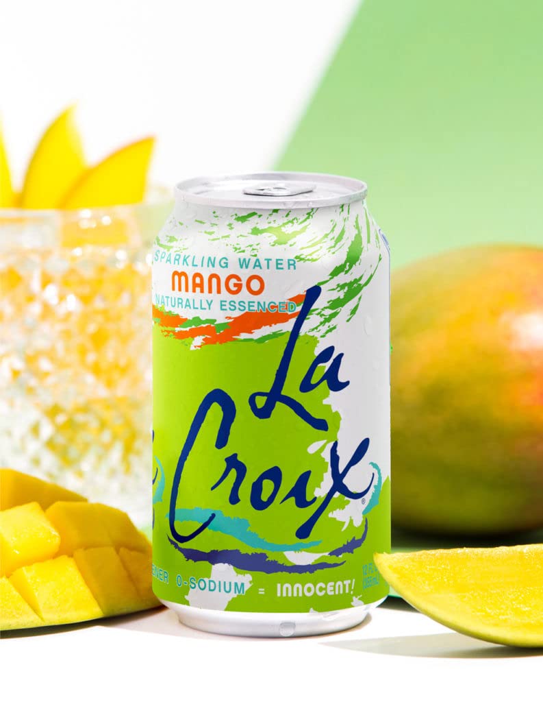 La Croix Mango cans neatly aligned in the fridge.