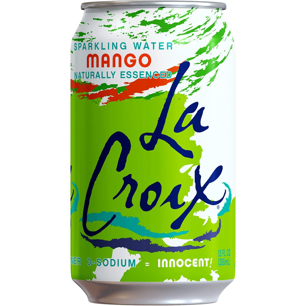 La Croix Mango label detail shows gluten-free and non-GMO features.