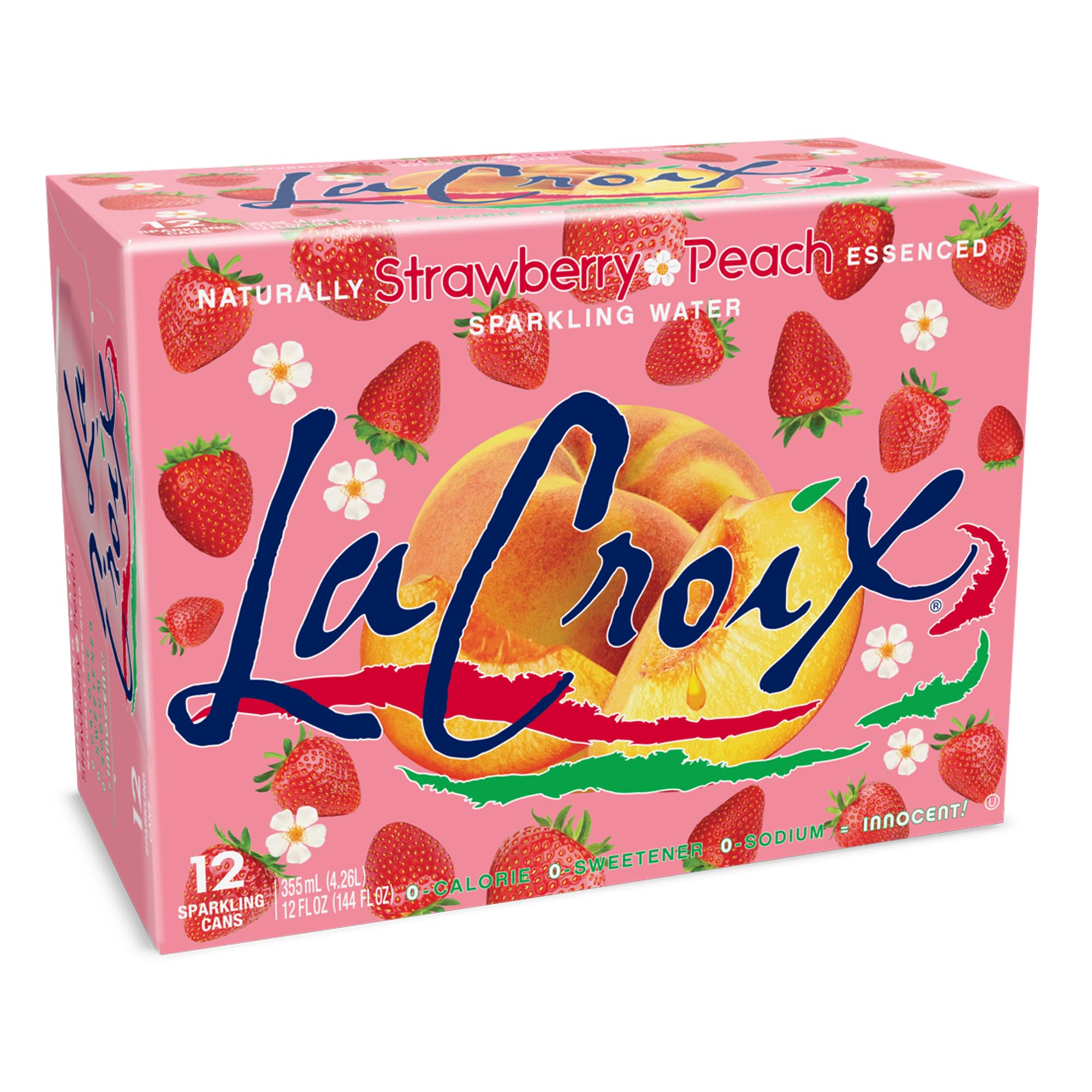 La Croix Strawberry Peach bottle with bubbles, showcasing natural flavor for a refreshing sip.