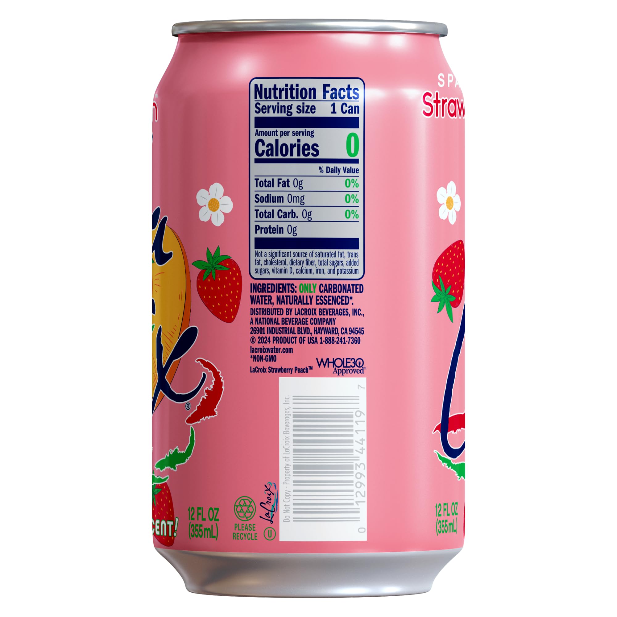Close-up of La Croix Strawberry Peach can highlighting natural essences for clean taste.