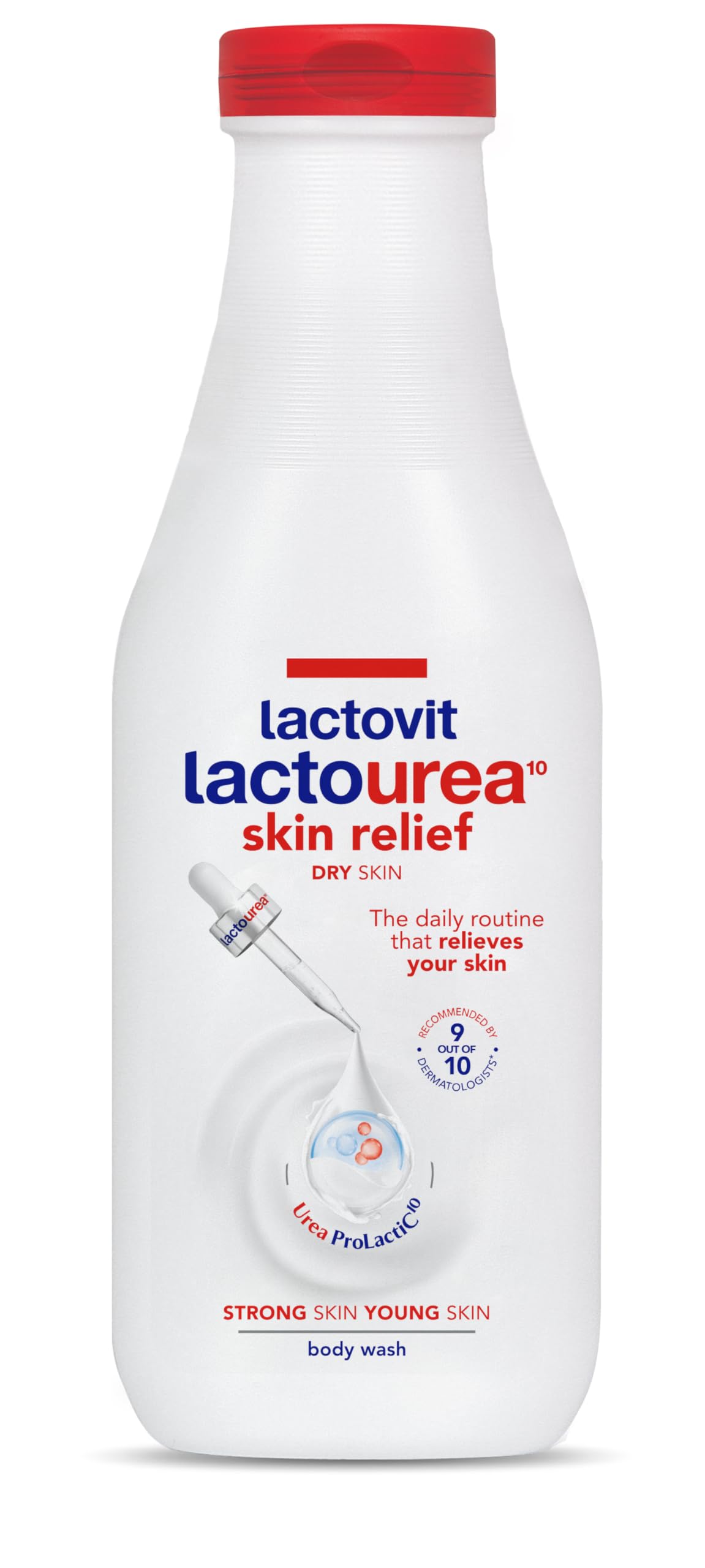 Lactovit Lactourea Body Wash bottle hero showing daily moisturization for dry skin.