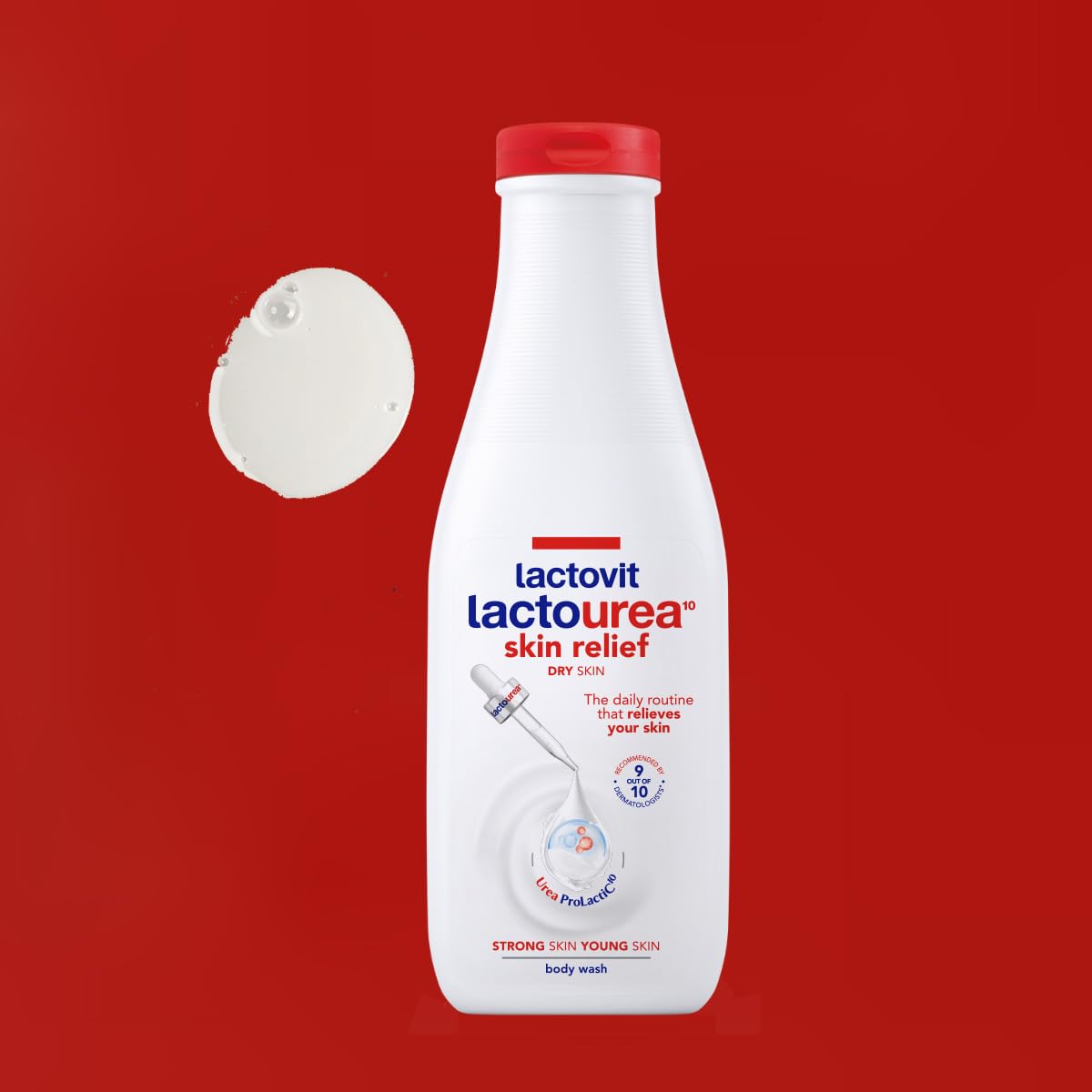 Lactovit Lactourea Body Wash dermatologist recommendation badge signals trusted care.