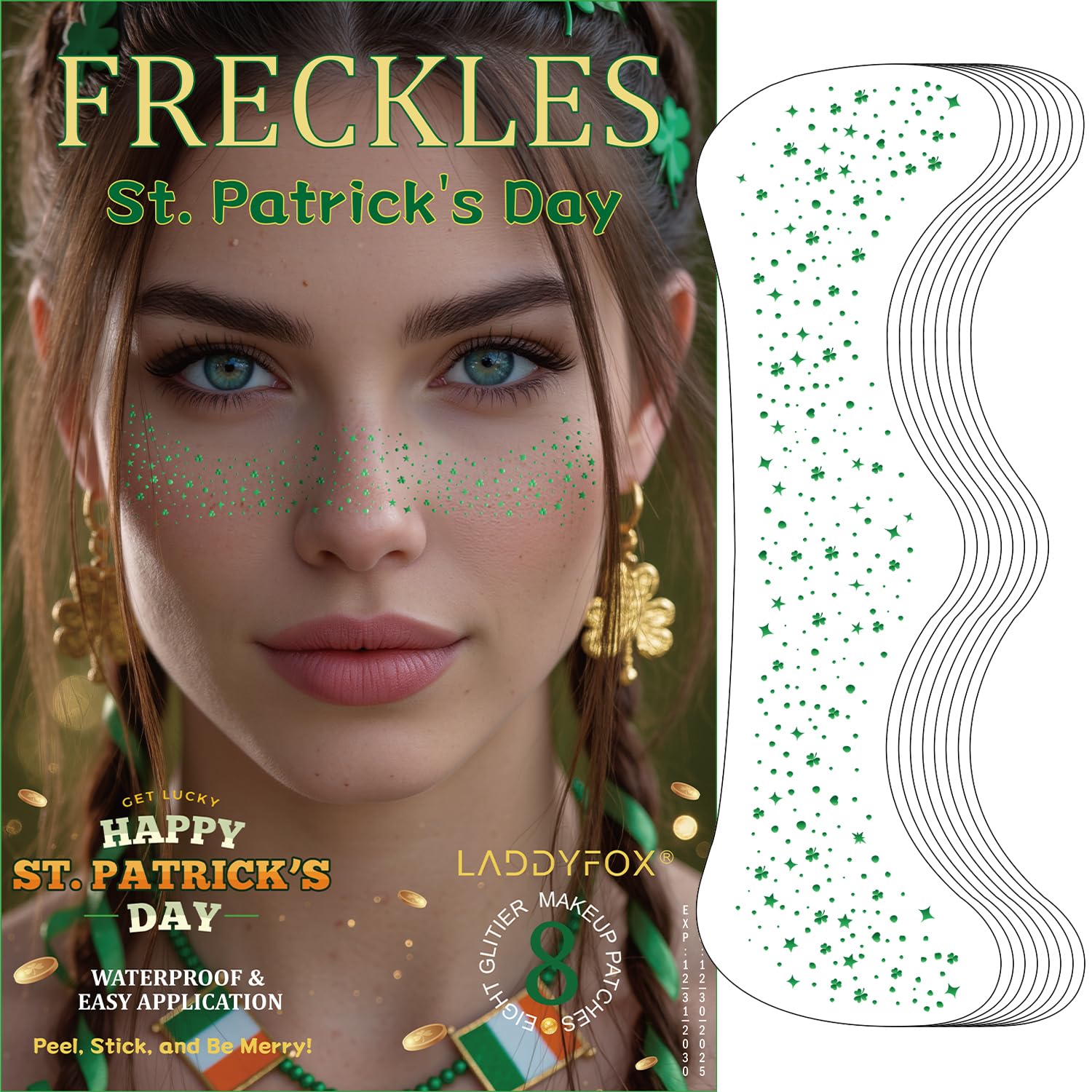 LADDYFOX green face patches with 8 festive designs for quick St. Patrick's sparkle.