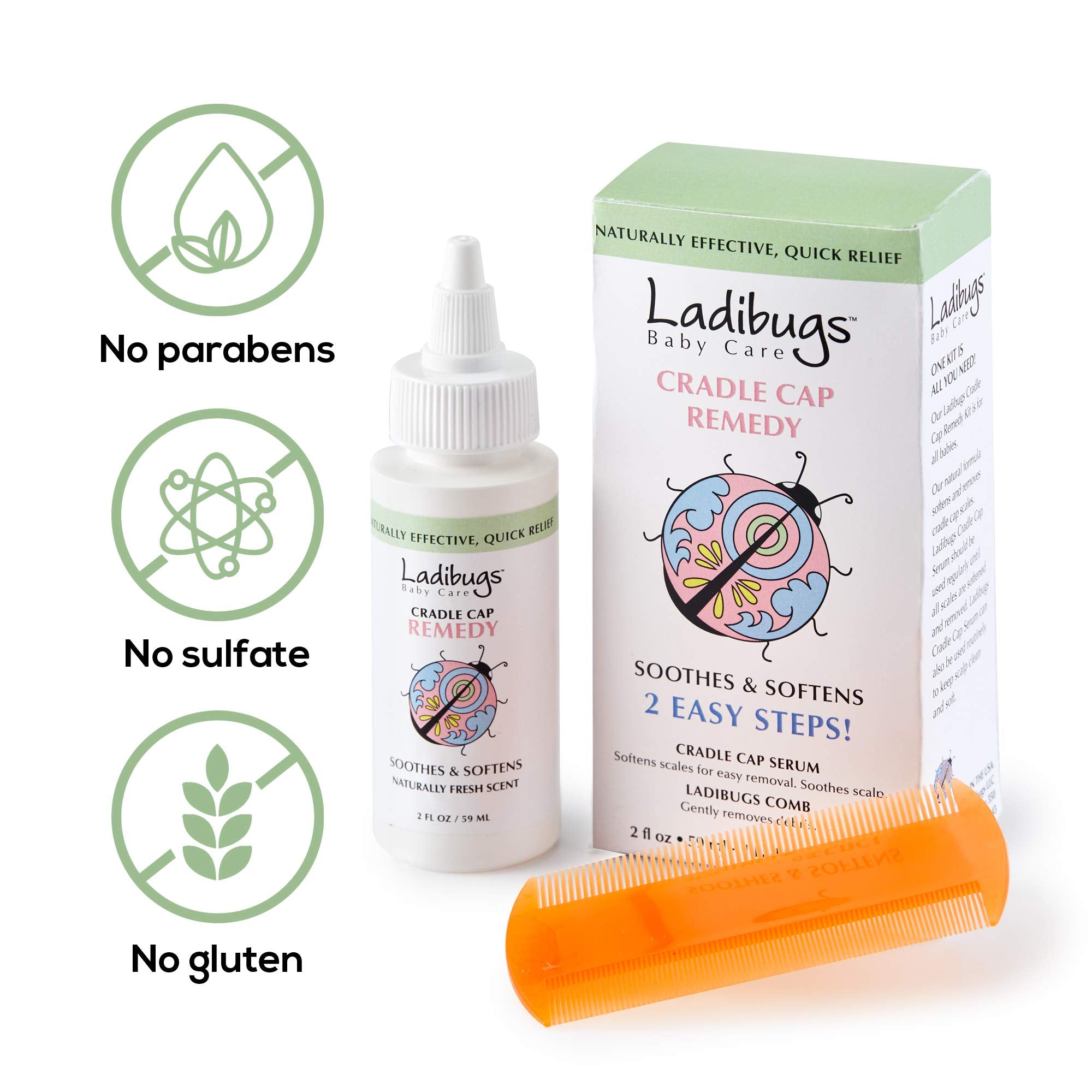 Ladibugs remedy kit packaging shown for easy cradle cap care.