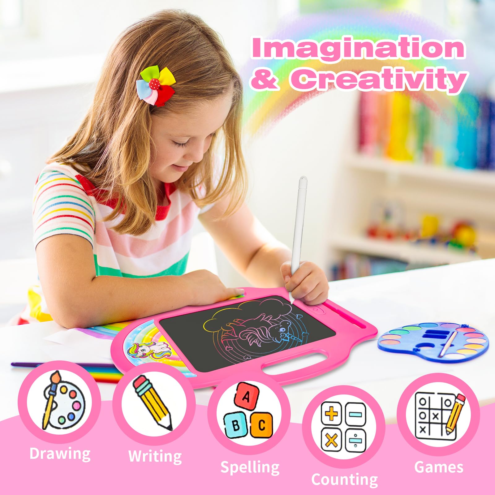 LAEBUILD Unicorn tablet with ergonomic handle for easy grip during travel.