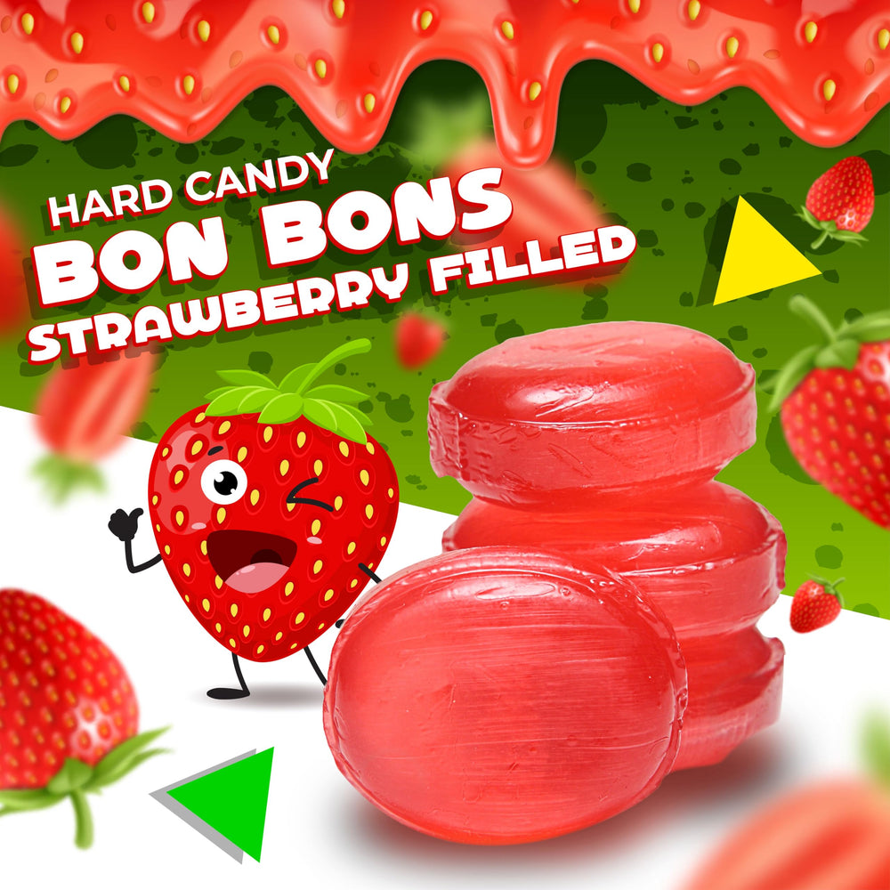 LAETAFOOD Arcor Strawberry Filled Bon Bons cross-section reveals the juicy center inside