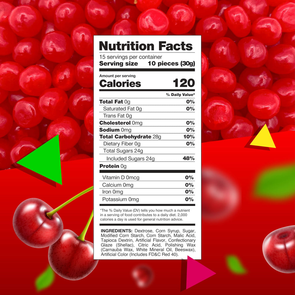 LAETAFOOD Cherry Sours closeup reveals glossy red candy with tangy bite