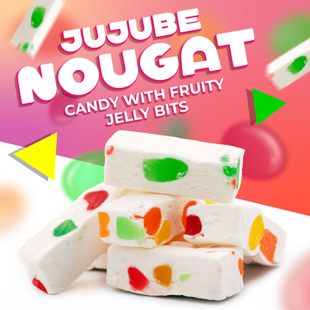 Chewy nougat candy with fruity jelly bits in a close-up view.