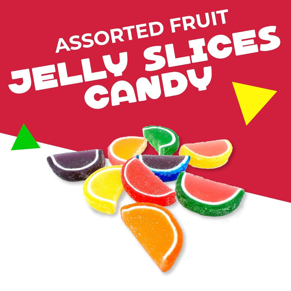 LAETAFOOD colorful jelly fruit slices close-up with glossy texture.