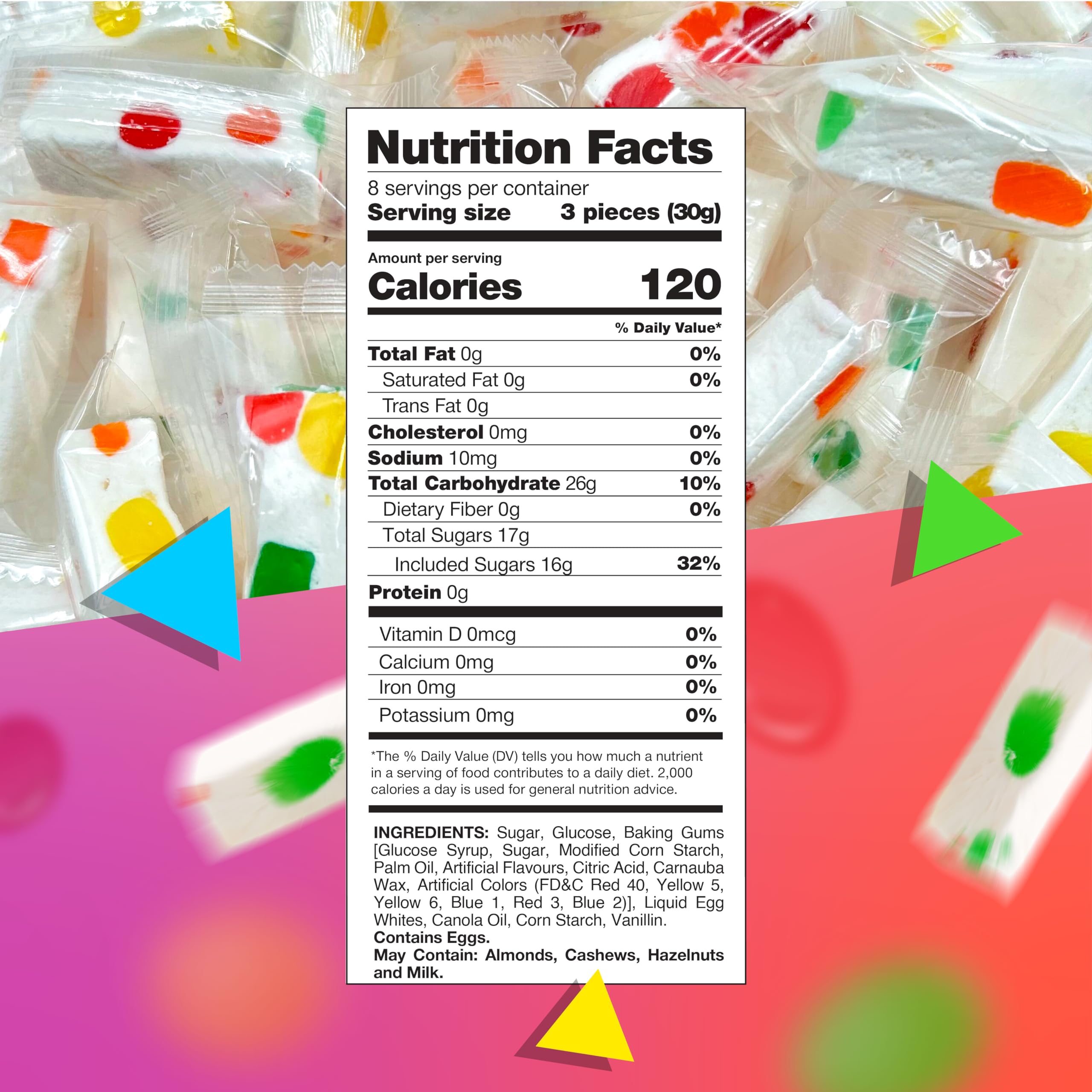 Close-up of fruity jelly bits in LAETAFOOD juju nougat candy.