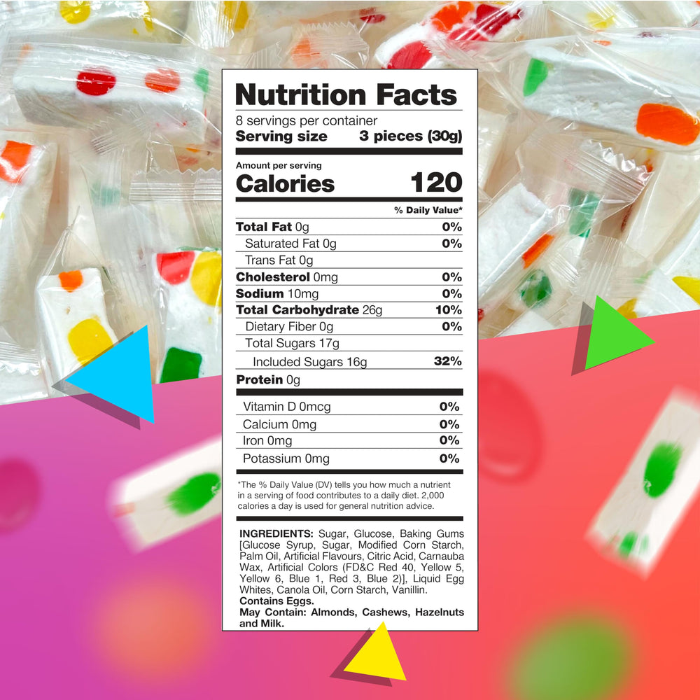 Close-up of fruity jelly bits in LAETAFOOD juju nougat candy.