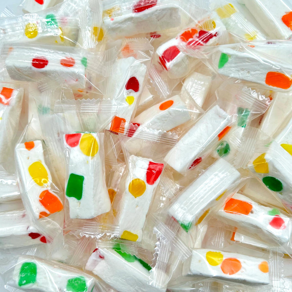 LAETAFOOD Jujube Nougat Candy 9oz bag with chewy texture and fruity jelly bits.