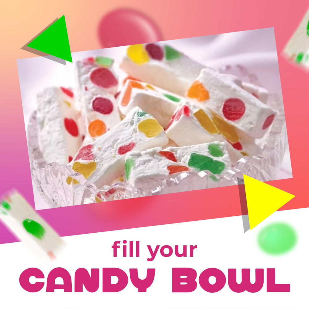 Party table with LAETAFOOD jujube nougat candy as a colorful treat.