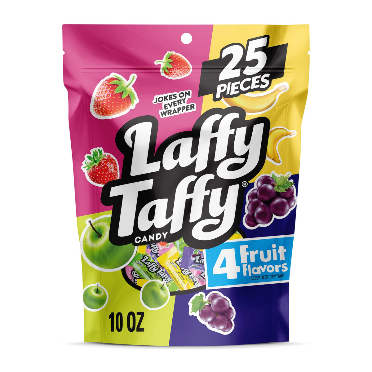 Laffy Taffy assorted mini bars in a stand-up bag for on-the-go snacking.