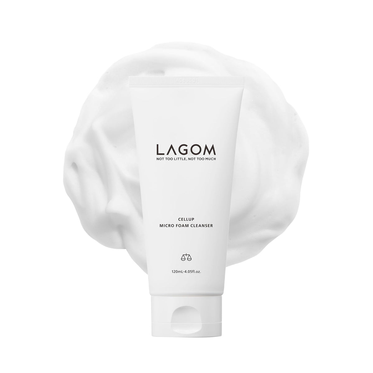LAGOM Cellup cleanser close-up showing dense micro-bubble foam for gentle cleansing.