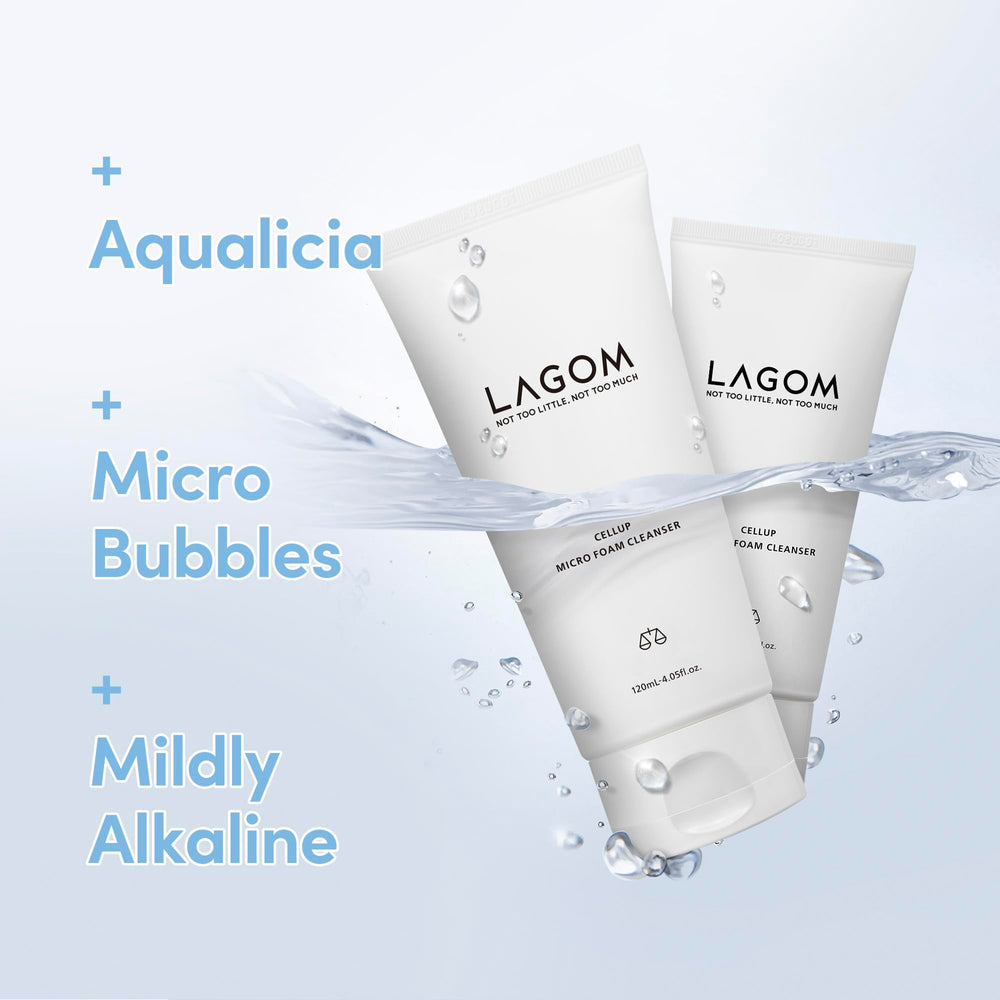 LAGOM Cellup cleanser close-up demonstrates makeup removal with foamy texture.