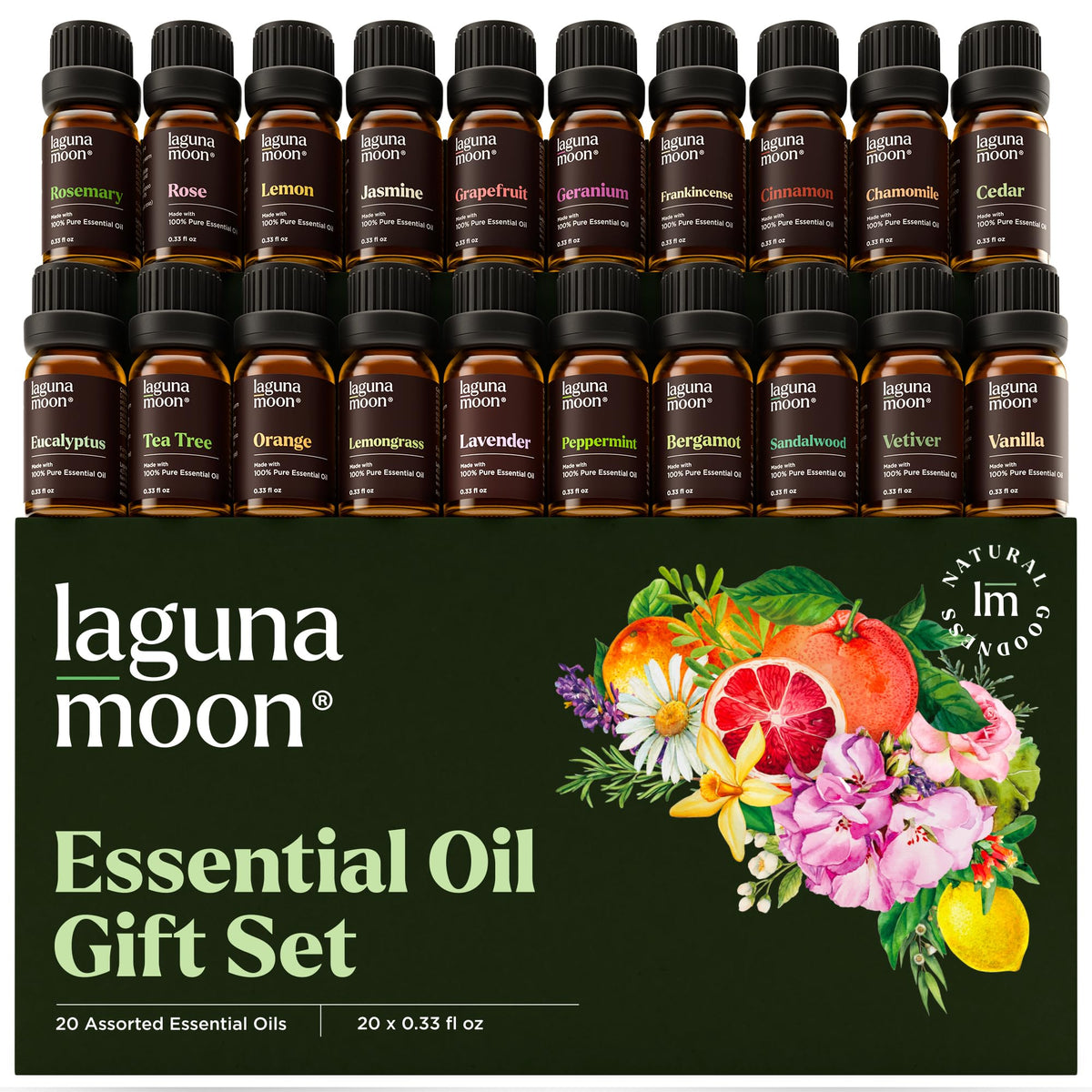 Lagunamoon essential oils set packaging displays 20 bottles for home aromatherapy.