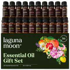 Lagunamoon essential oils set packaging displays 20 bottles for home aromatherapy.