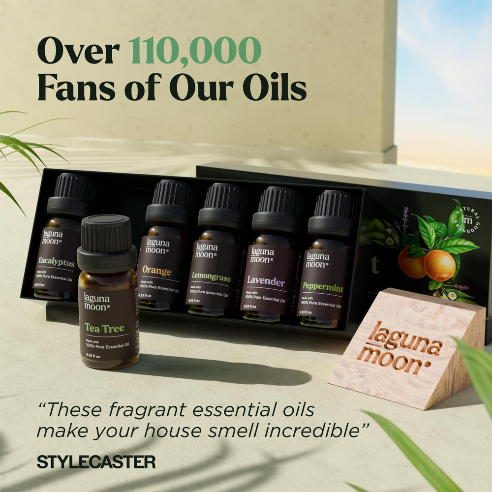 Lagunamoon eucalyptus oil bottle provides invigorating scent for diffusers and humidifiers.