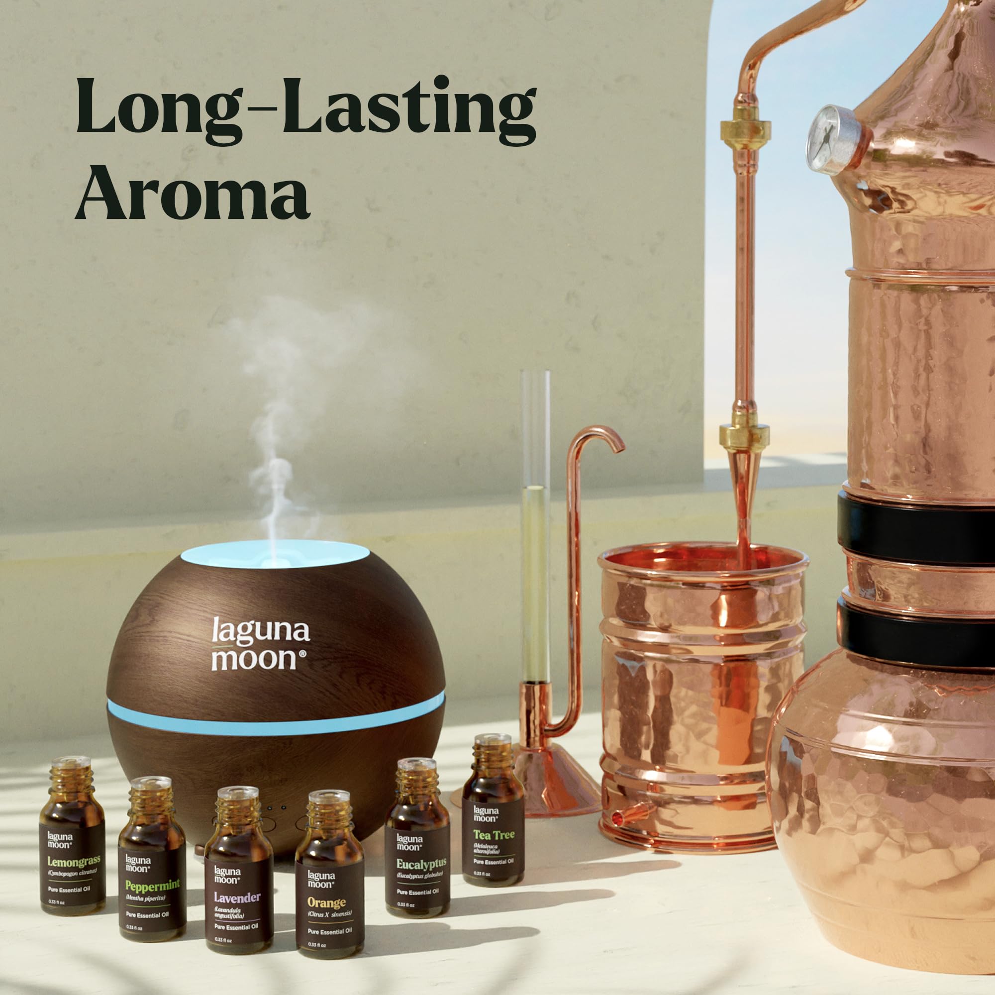 Lagunamoon peppermint oil bottle delivers refreshing scent for routines and focus.