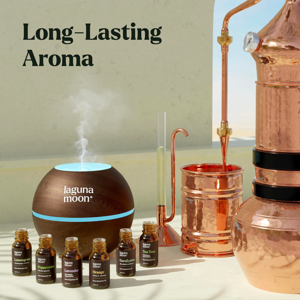 Lagunamoon peppermint oil bottle delivers refreshing scent for routines and focus.