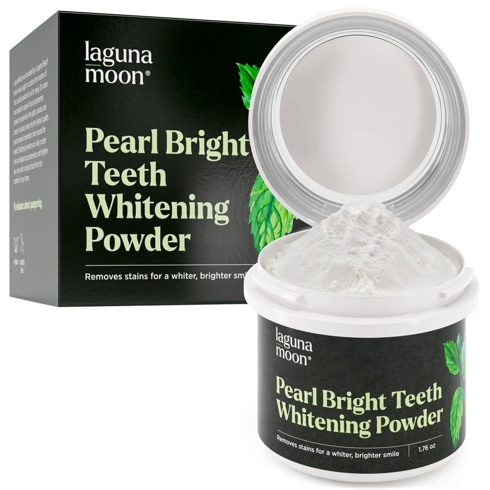 Lagunamoon Teeth Whitening Powder in the jar for brighter smiles and spearmint freshness.