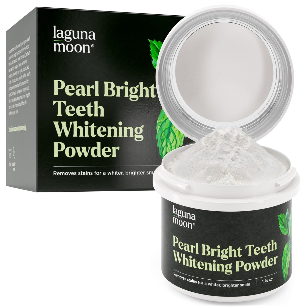 Lagunamoon Teeth Whitening Powder in the jar for brighter smiles and spearmint freshness.