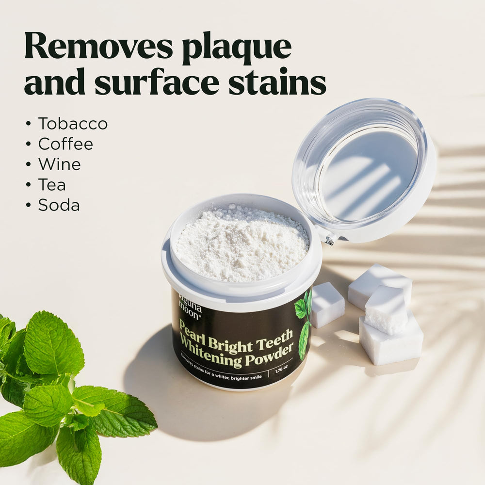 Lagunamoon Teeth Whitening Powder no charcoal, mess-free formula keeps sink clean.