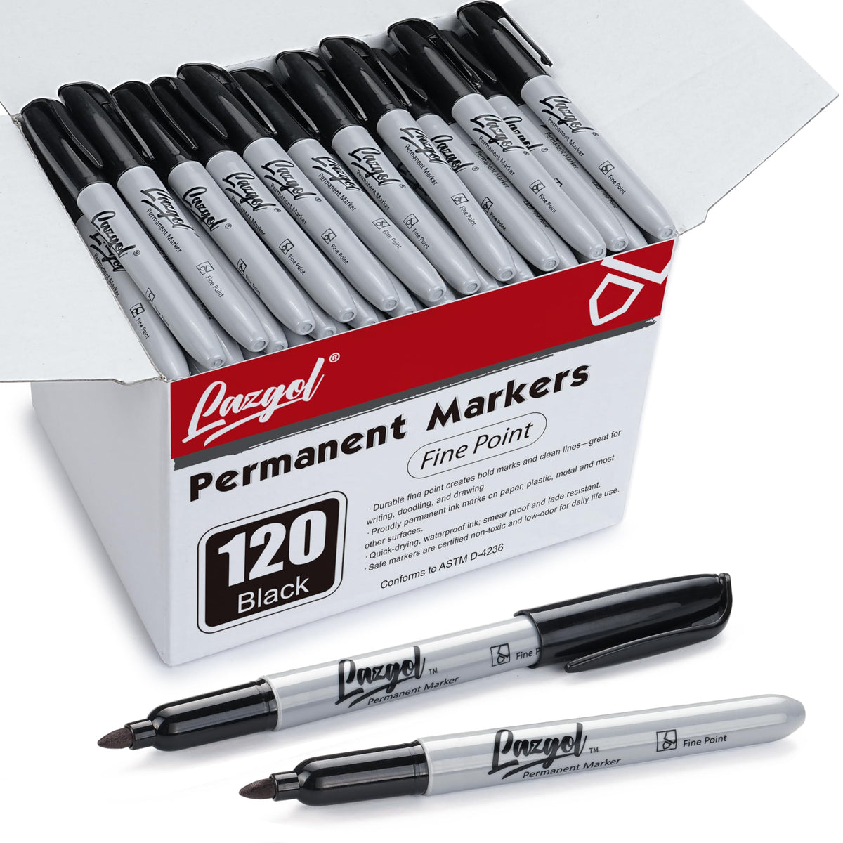 LAZGOL 120-pack black permanent markers ideal for bulk labeling and art projects.