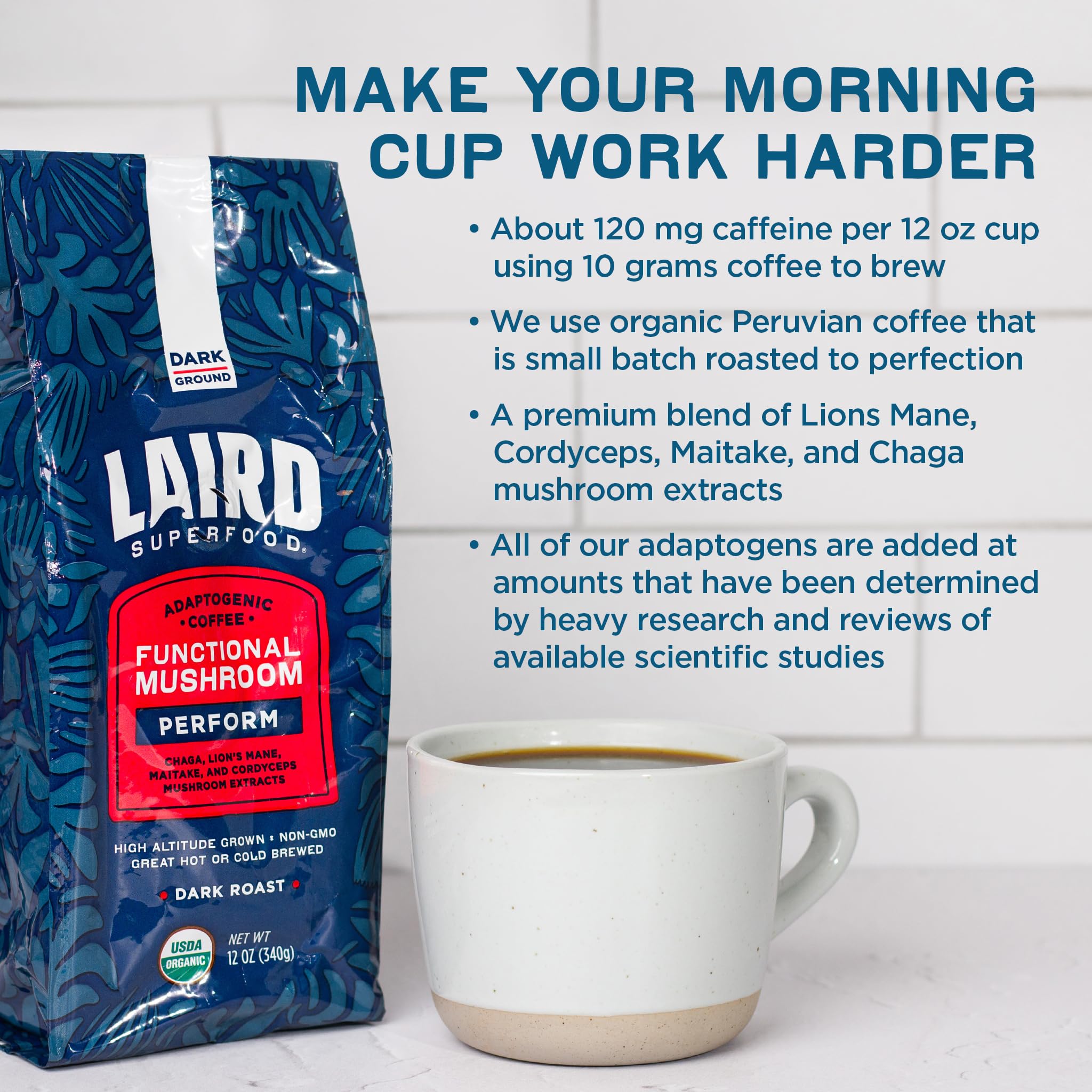 Laird Superfood Peruvian Dark Roast bag with label; ready for daily ritual