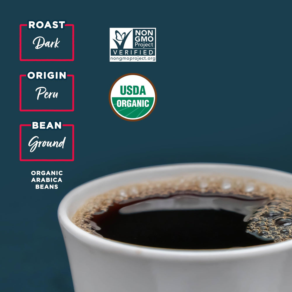 Laird Superfood Peruvian Dark Roast brewed cup with steam; rich flavor and smooth finish