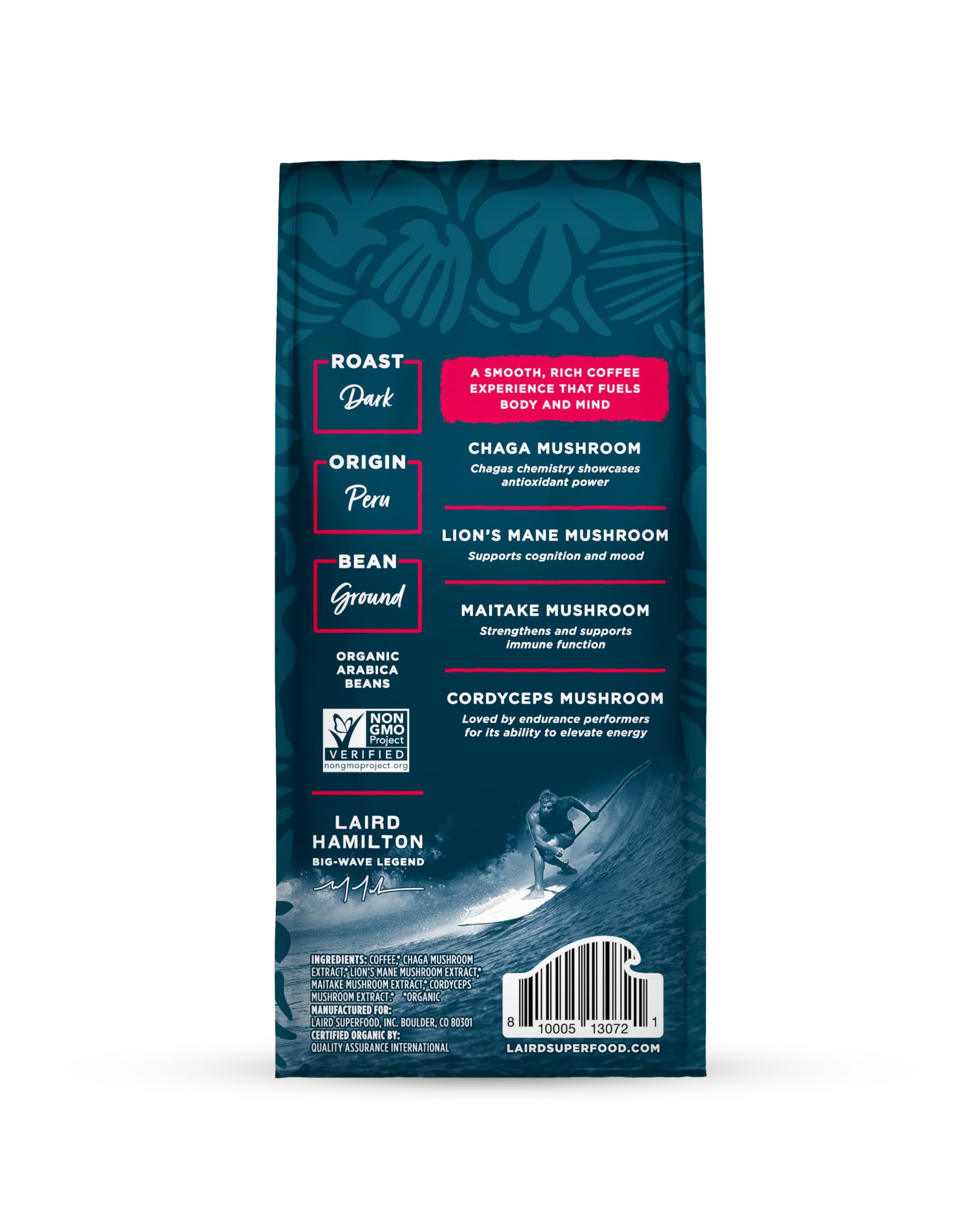 Laird Superfood Peruvian Dark Roast ground coffee close-up; ideal for pour-overs and drip