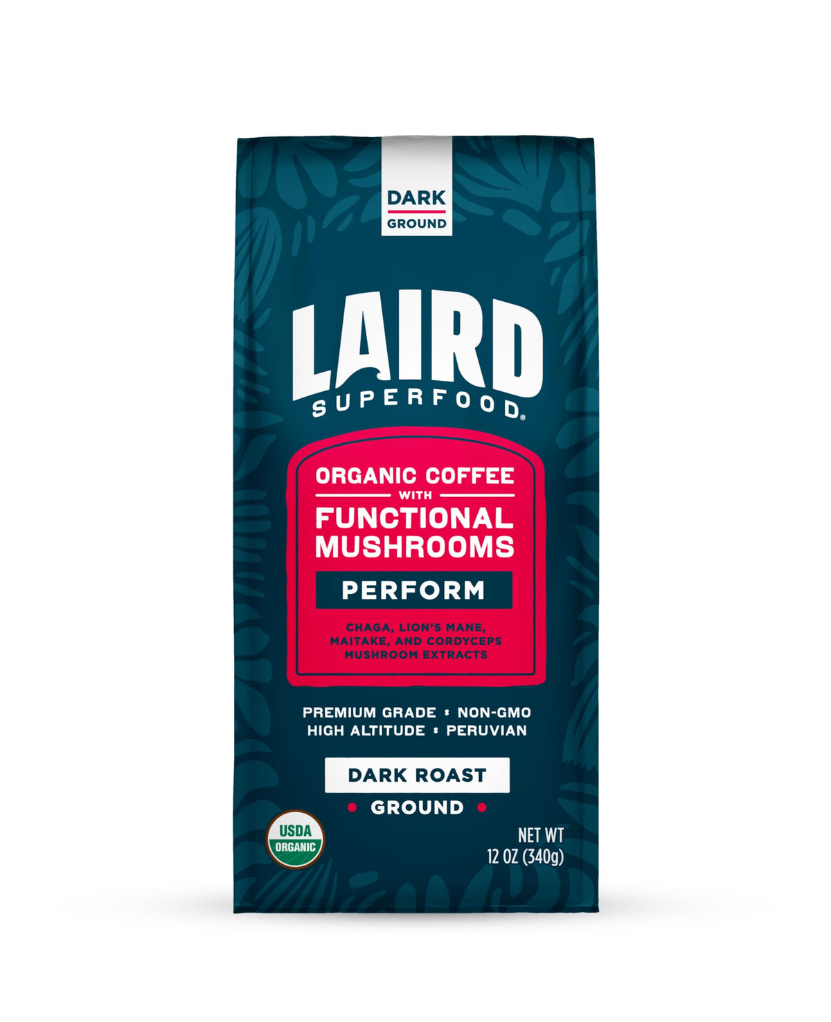 Laird Superfood Peruvian Dark Roast with mushrooms in the bag; bold aroma awaits
