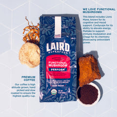 Laird Superfood mushroom blend close-up; Chaga, Lion’s Mane, Cordyceps aroma