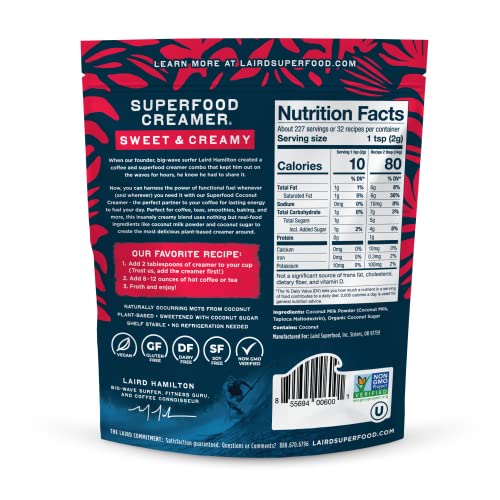 Laird Superfood coconut powder creamer bottle highlighting vegan, gluten-free, non-GMO formula.