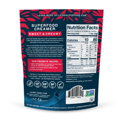 Laird Superfood coconut powder creamer bottle highlighting vegan, gluten-free, non-GMO formula.