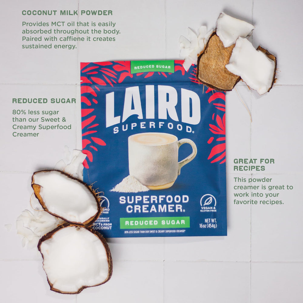 Nutrition label of Laird Superfood creamer shows vegan and gluten-free options