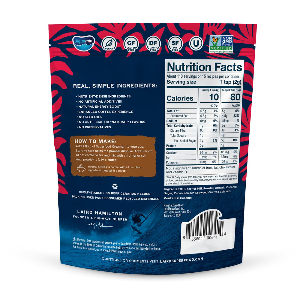 Laird Superfood dry creamer bag show ready-to-use packaging for hot or cold coffee