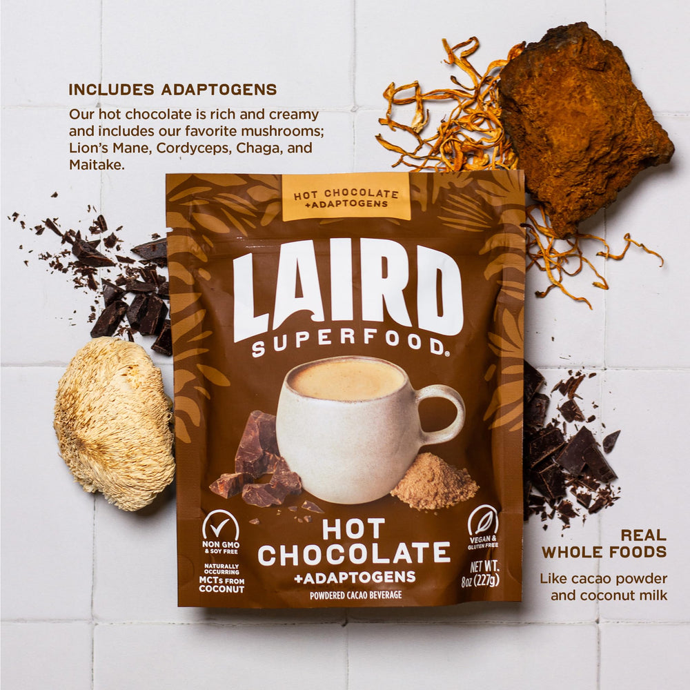 Laird Superfood hot chocolate cocoa powder close-up emphasizing rich Peruvian cacao.